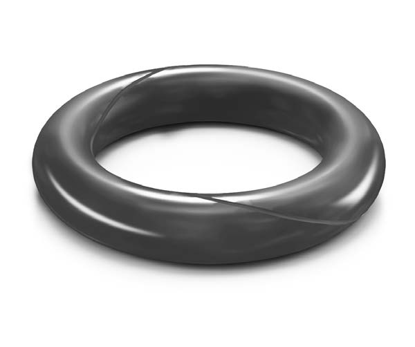 Black o-ring with cuts or marks spiraled around the circumference
